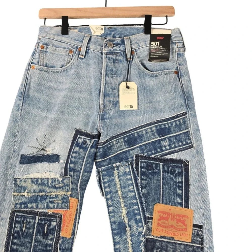 Levis 501 Original Fit Light Blue Distressed Patchwork Boro Jeans 28x30 NWT Mens